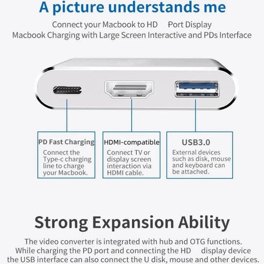 3-in-1 USB-C Hub - HDMI 4K Adapter with USB 3.0 & Charging for MacBook