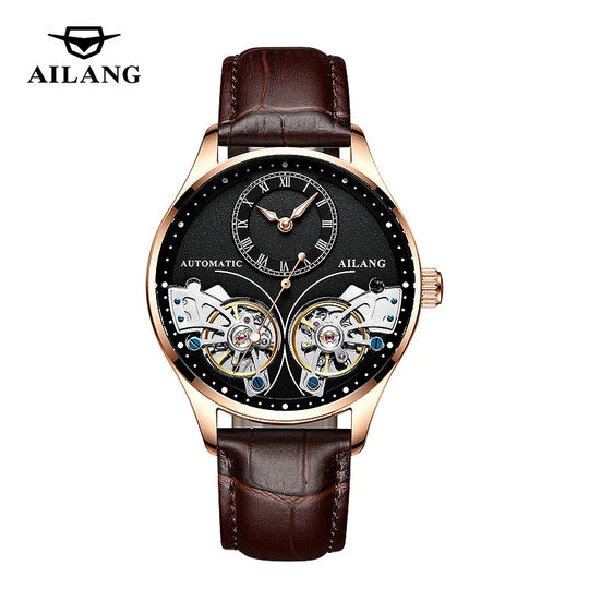 AILANG Brand New Fashion Double Tourbillon Watch for Men Luxury Stainless Steel Waterproof Automatic Mechanical Watches Mens
