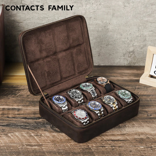 Leather Watch Organizer Box - 8/10/12 Slots Vintage Jewelry Storage Case - for Men & Women