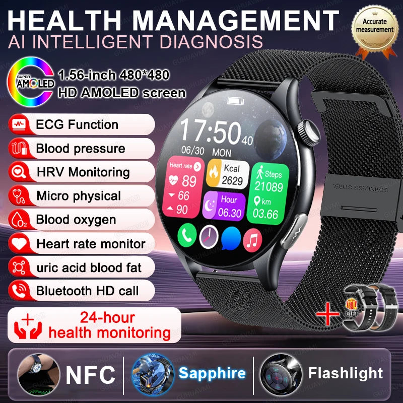 Smart Watch with ECG Health Monitoring - Uric Acid Blood Pressure Blood Oxygen for iOS & Android