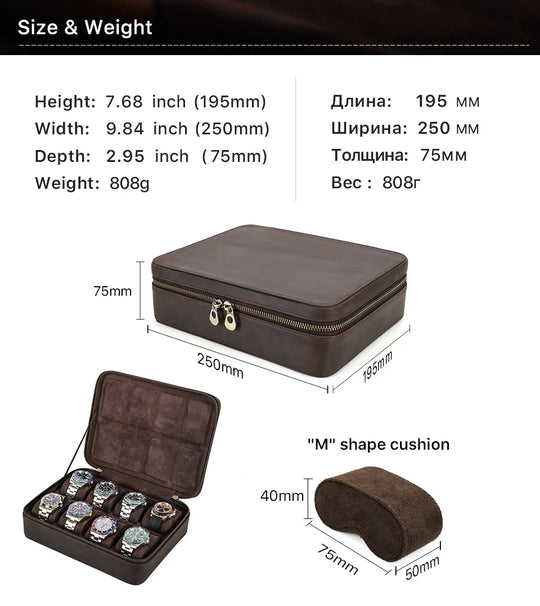 Leather Watch Organizer Box - 8/10/12 Slots Vintage Jewelry Storage Case - for Men & Women