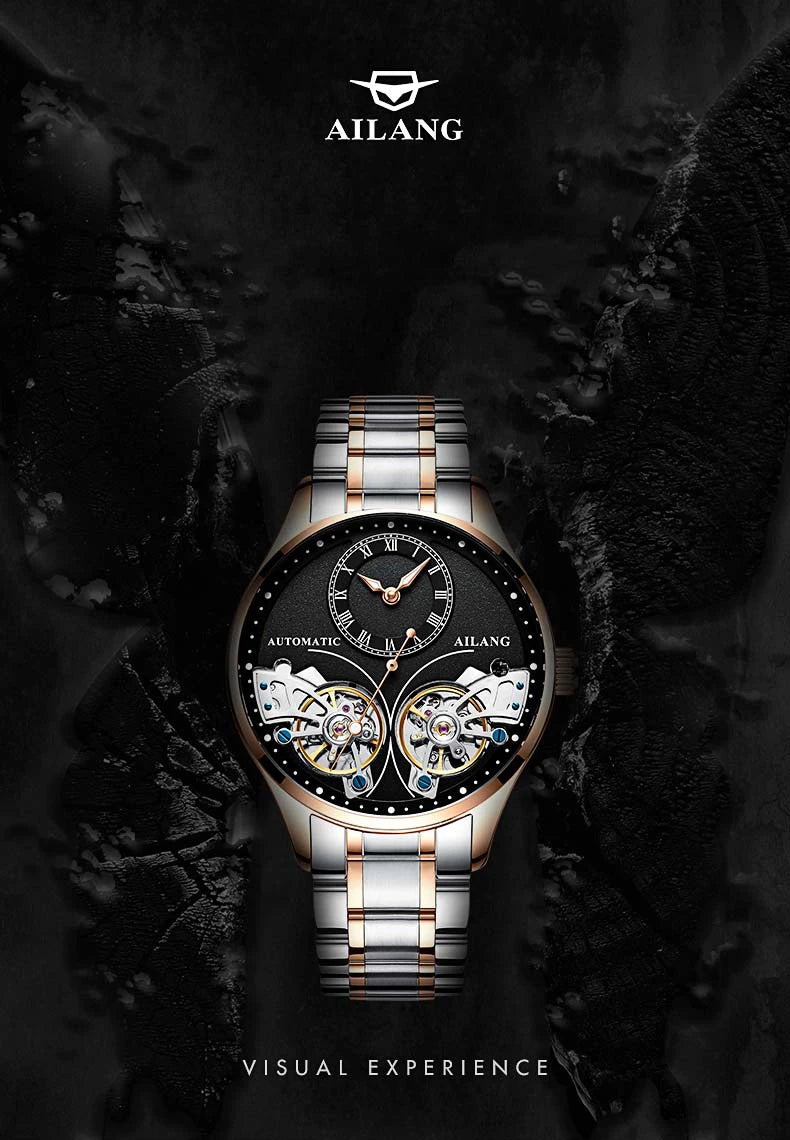 AILANG Brand New Fashion Double Tourbillon Watch for Men Luxury Stainless Steel Waterproof Automatic Mechanical Watches Mens