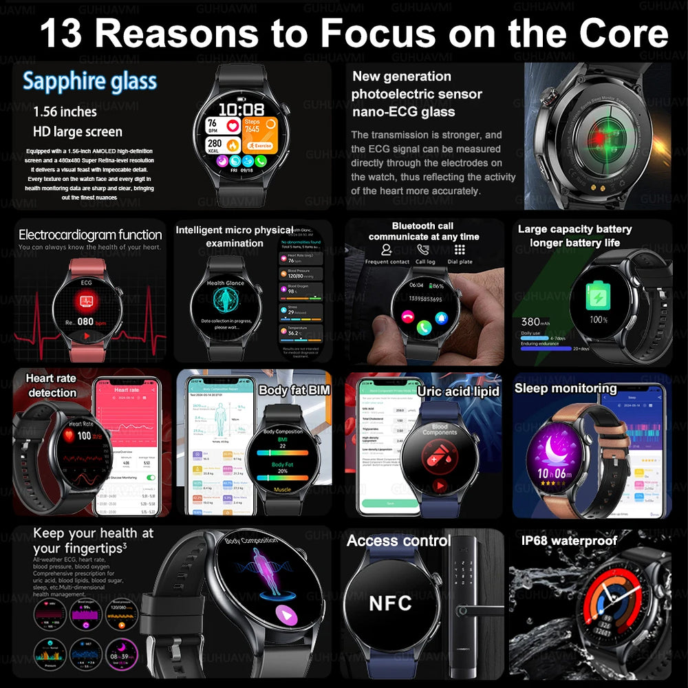 Smart Watch with ECG Health Monitoring - Uric Acid Blood Pressure Blood Oxygen for iOS & Android