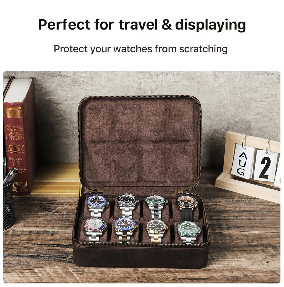 Leather Watch Organizer Box - 8/10/12 Slots Vintage Jewelry Storage Case - for Men & Women