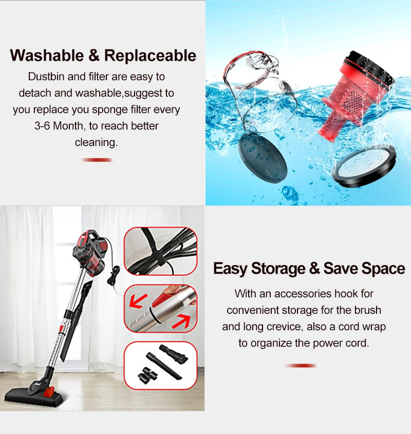 Corded Vacuum Cleaner - 18KPa 600W 4-in-1 Stick & Handheld for Home & Pet Hair