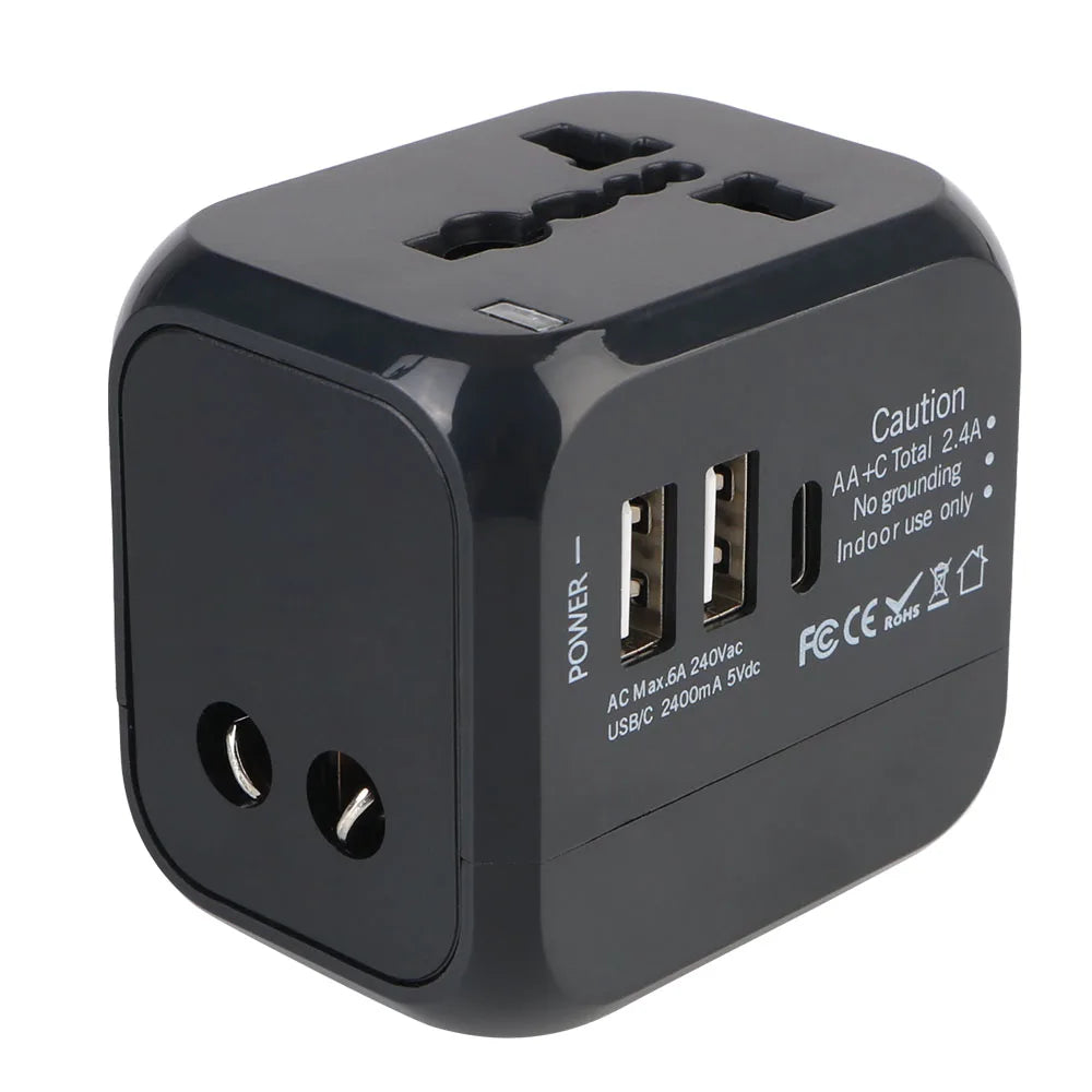 Universal Travel Adapter - 6A with 2 USB + Type-C for US EU UK AU Plugs