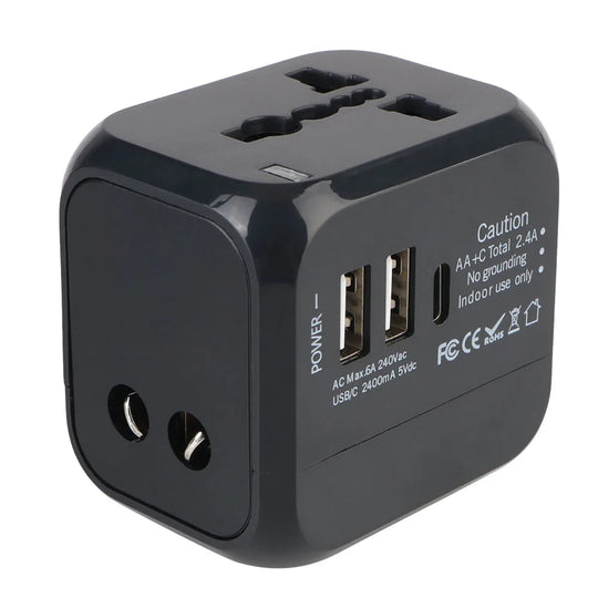 Universal Travel Adapter - 6A with 2 USB + Type-C for US EU UK AU Plugs