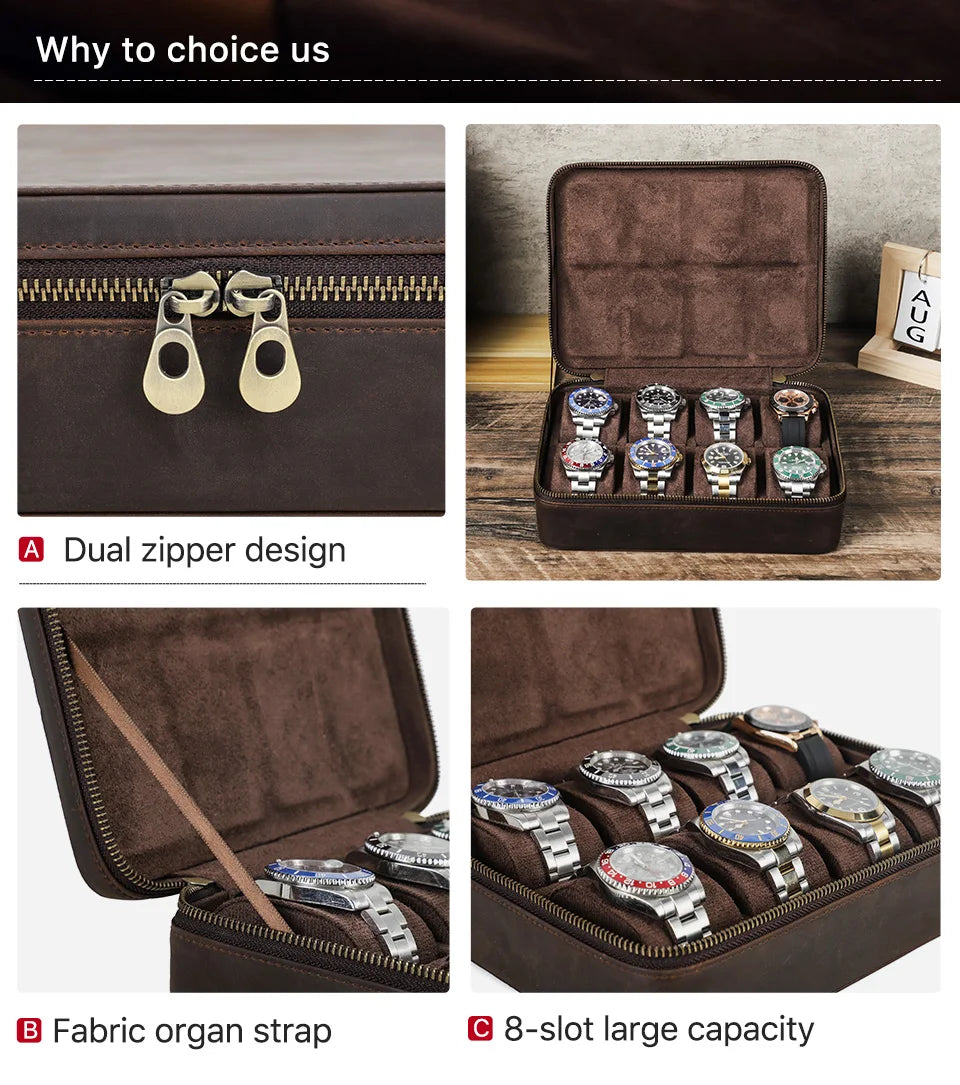 Leather Watch Organizer Box - 8/10/12 Slots Vintage Jewelry Storage Case - for Men & Women