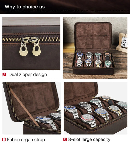 Leather Watch Organizer Box - 8/10/12 Slots Vintage Jewelry Storage Case - for Men & Women