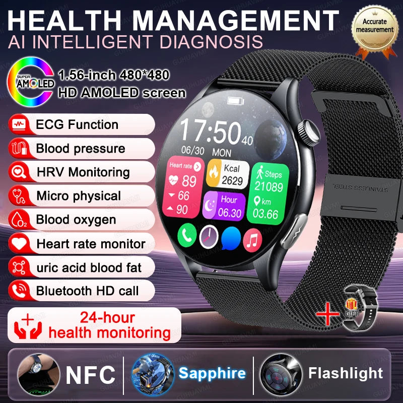 Smart Watch with ECG Health Monitoring - Uric Acid Blood Pressure Blood Oxygen for iOS & Android