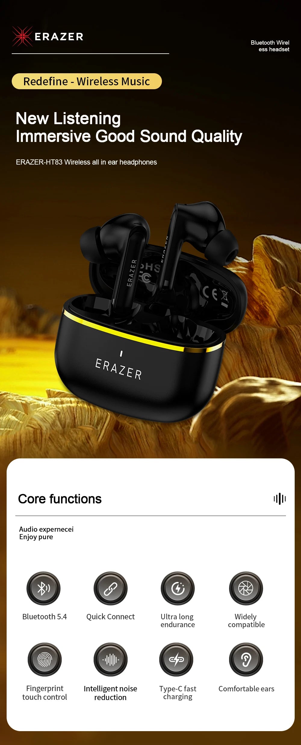 Wireless Bluetooth Earbuds - HiFi Stereo Sports Noise Reduction Headphones