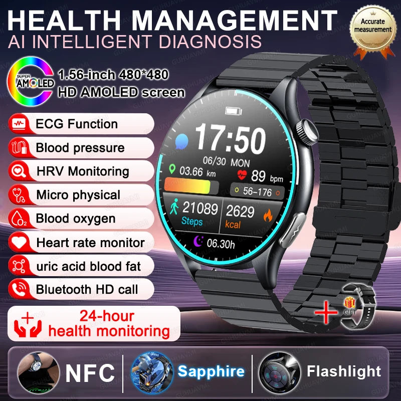 Smart Watch with ECG Health Monitoring - Uric Acid Blood Pressure Blood Oxygen for iOS & Android