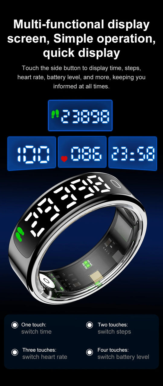 Smart Ring - LED Display Heart Rate Blood Oxygen Monitor Waterproof