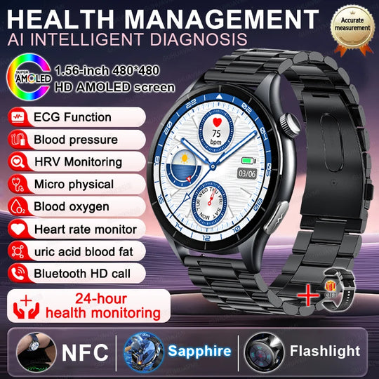 Smart Watch with ECG Health Monitoring - Uric Acid Blood Pressure Blood Oxygen for iOS & Android