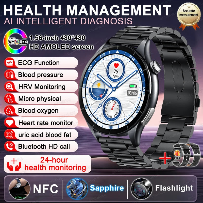 Smart Watch with ECG Health Monitoring - Uric Acid Blood Pressure Blood Oxygen for iOS & Android