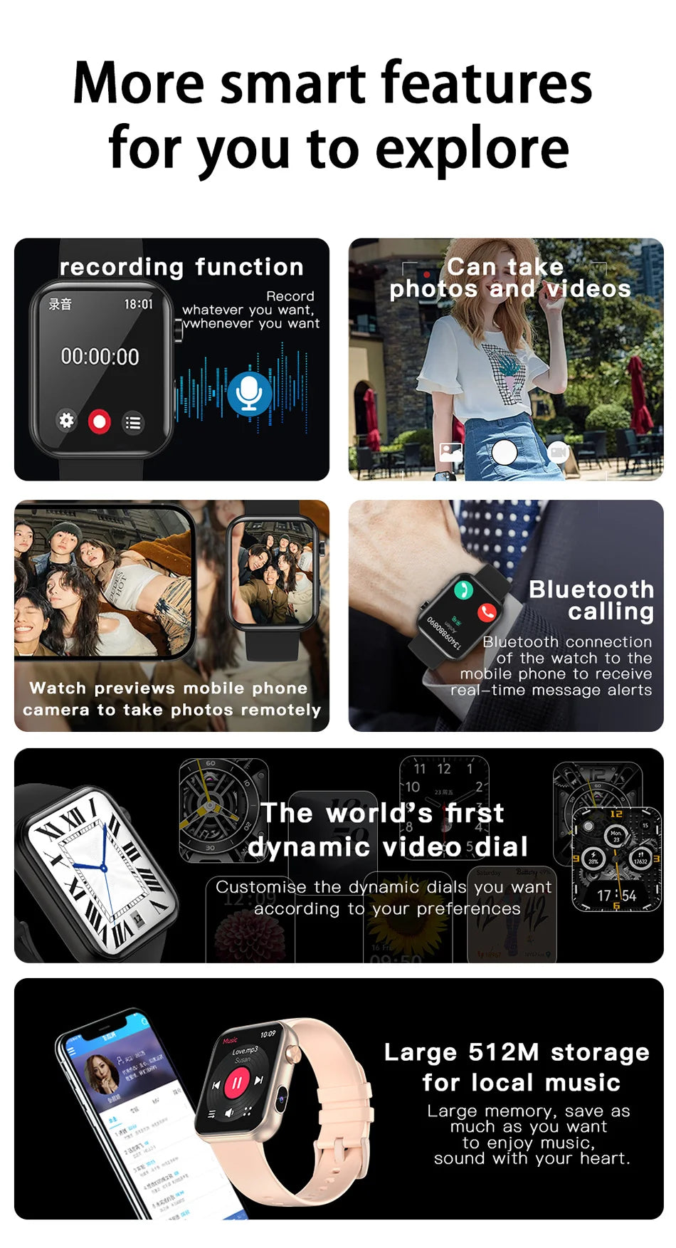 Smart Watch with Camera - Photo Video Heart Rate Bluetooth Call Waterproof