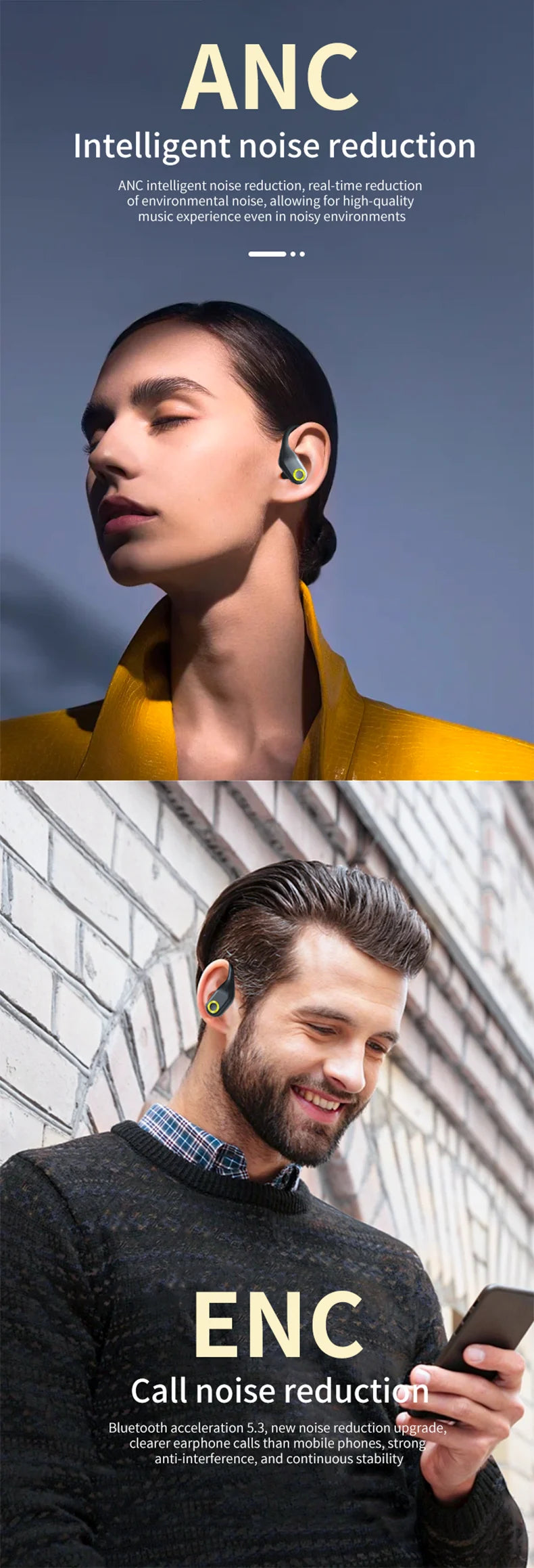 ANC Wireless Earbuds - Bluetooth 5.3 TWS with Dual Mics & ENC Noise Cancellation