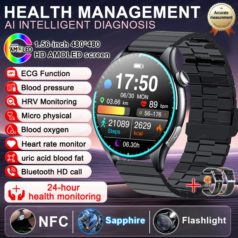 Smart Watch with ECG Health Monitoring - Uric Acid Blood Pressure Blood Oxygen for iOS & Android