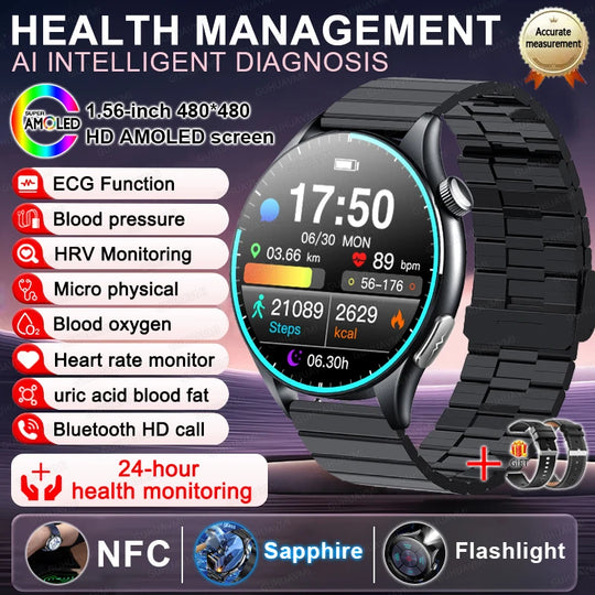 Smart Watch with ECG Health Monitoring - Uric Acid Blood Pressure Blood Oxygen for iOS & Android