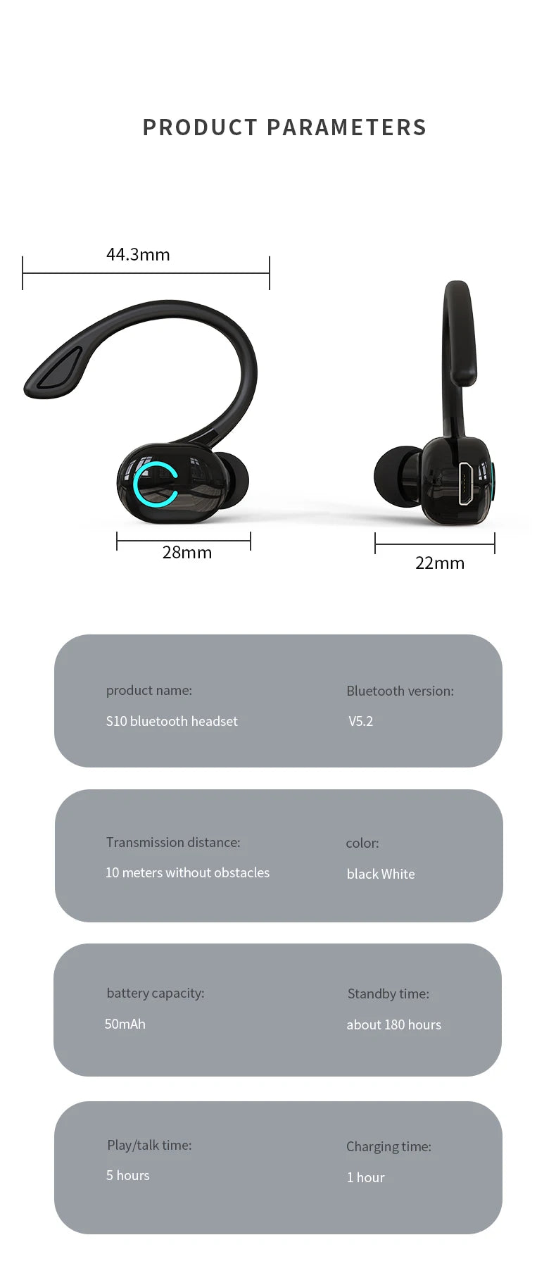 Wireless Bluetooth 5.0 Earphones - Single In-Ear Sports Headset with Mic & ANC