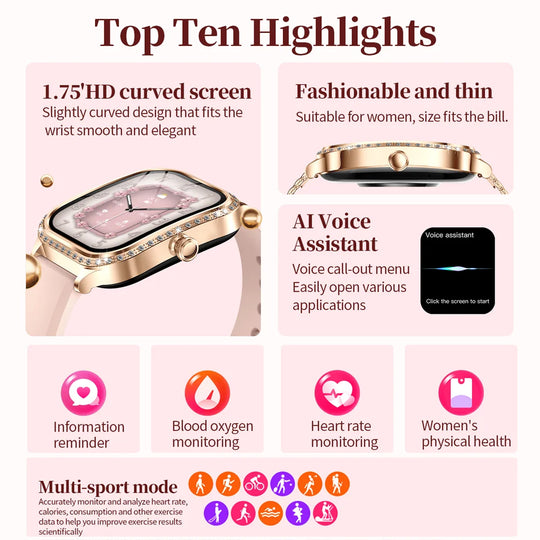 Luxury Smart Watch for Women - 1.75" HD Bluetooth Call Heart Rate Fitness Tracker