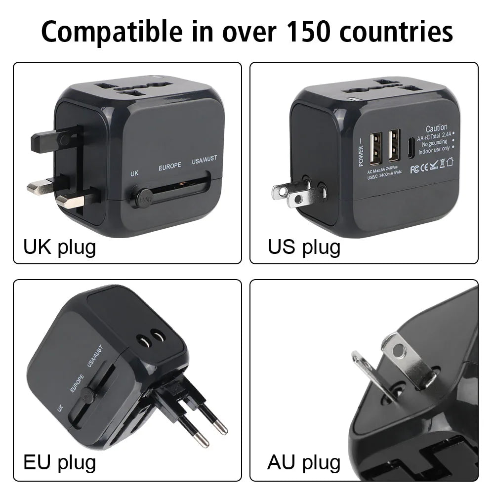 Universal Travel Adapter - 6A with 2 USB + Type-C for US EU UK AU Plugs