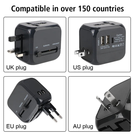 Universal Travel Adapter - 6A with 2 USB + Type-C for US EU UK AU Plugs