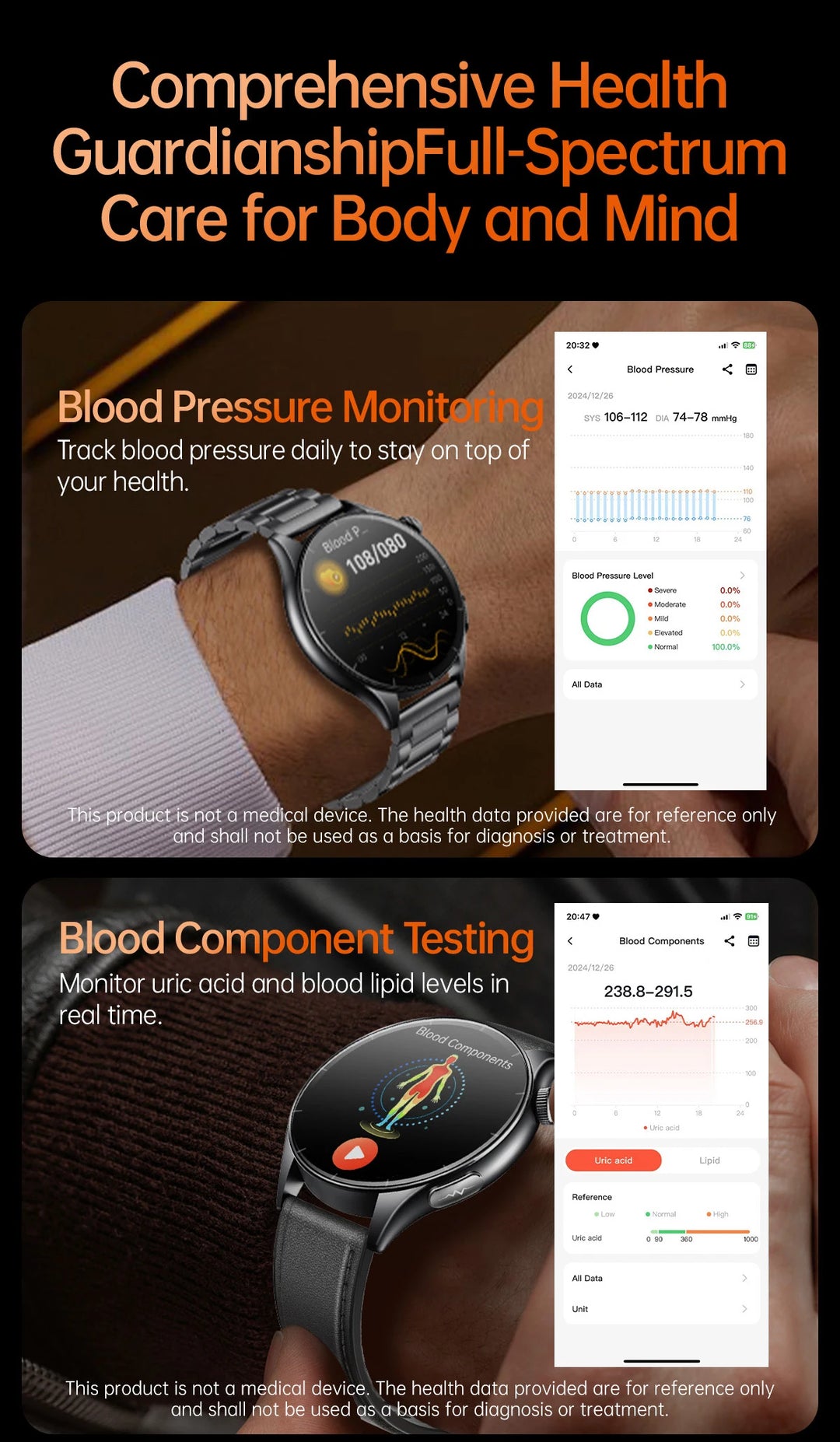 Smart Watch with ECG Health Monitoring - Uric Acid Blood Pressure Blood Oxygen for iOS & Android