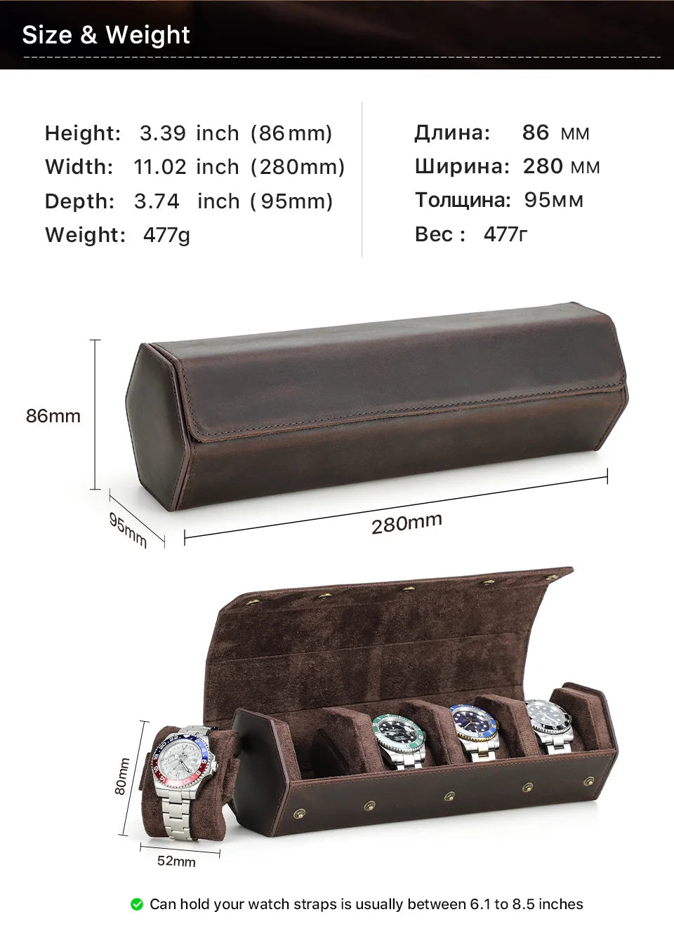 Leather Watch Roll Box - 1/2/3/4/6/8 Slots Travel Case & Display Holder - for Men & Women
