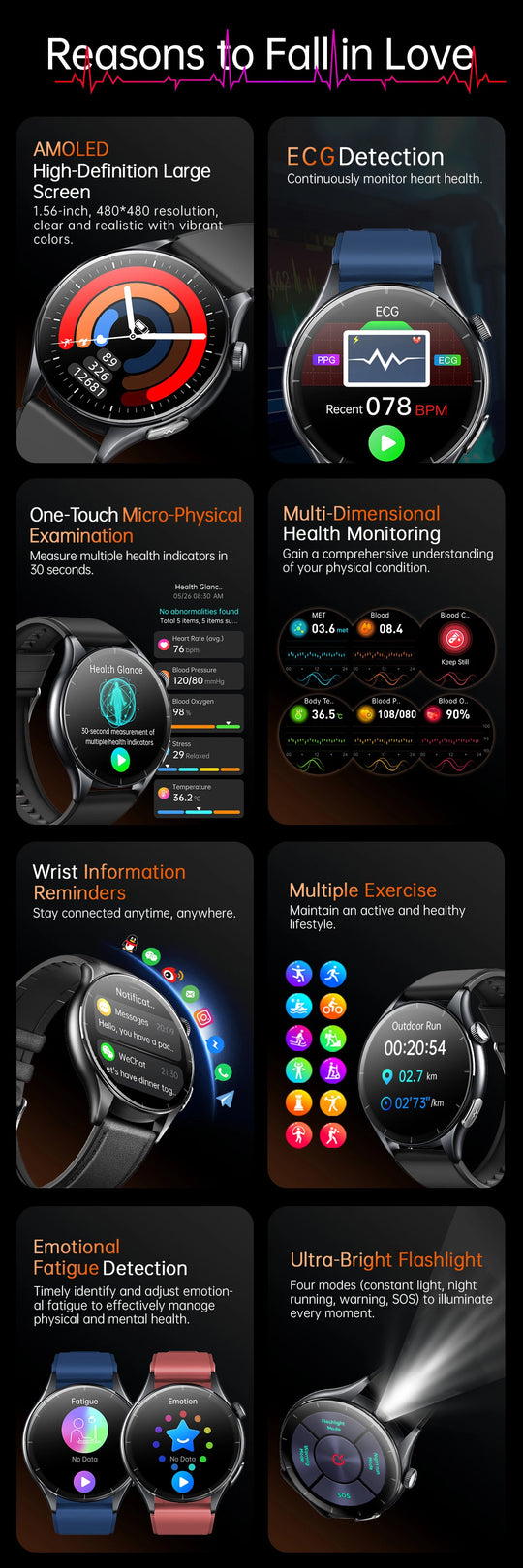 Smart Watch with ECG Health Monitoring - Uric Acid Blood Pressure Blood Oxygen for iOS & Android