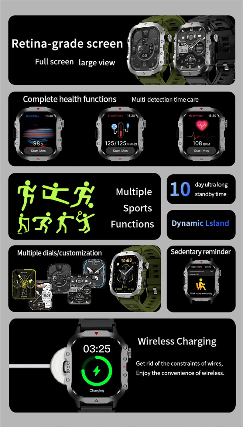 Military Smart Watch for Men - IP68 Outdoor Sports Fitness Tracker with Bluetooth Call