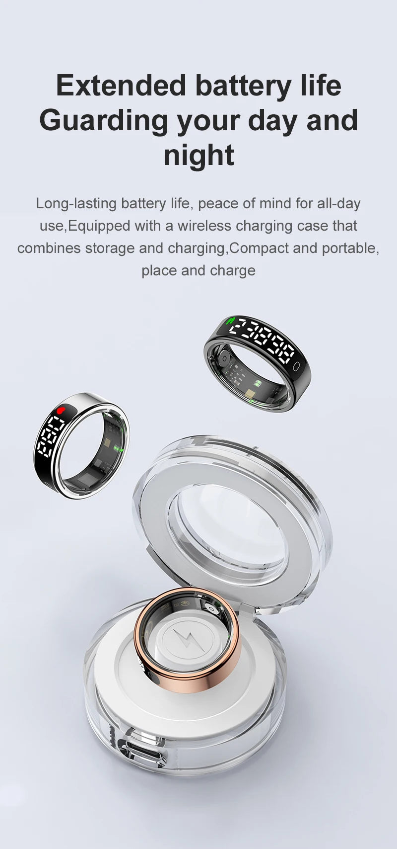 Smart Ring - LED Display Heart Rate Blood Oxygen Monitor Waterproof