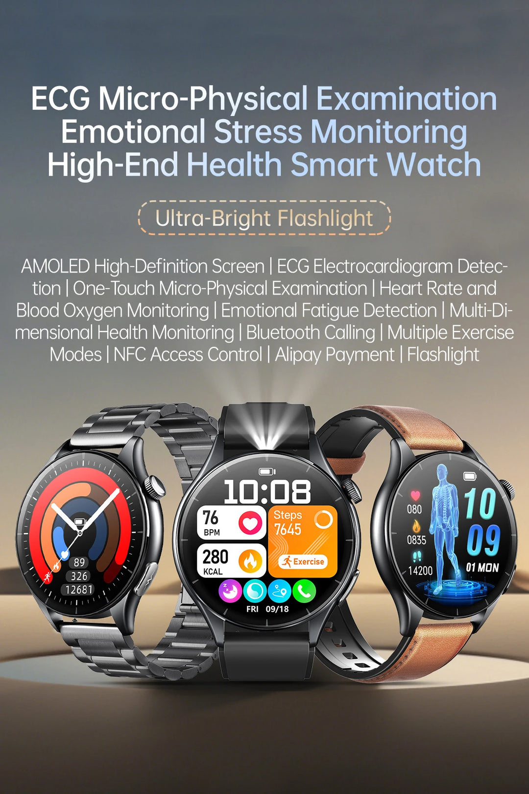 Smart Watch with ECG Health Monitoring - Uric Acid Blood Pressure Blood Oxygen for iOS & Android