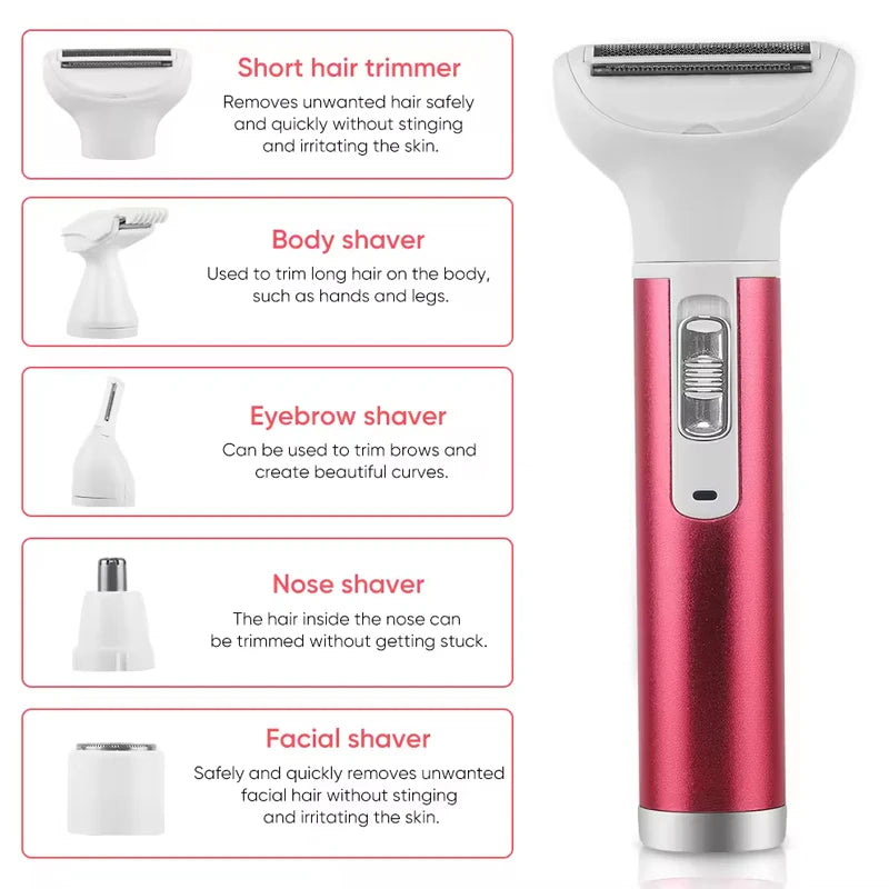 Women's Electric Epilator - 5-in-1 Lady Shaver, Nose Trimmer, Eyebrow Shaper, Leg, Armpit & Bikini Hair Removal