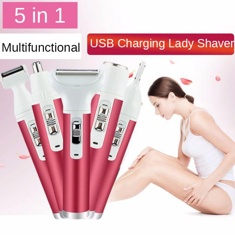 Women's Electric Epilator - 5-in-1 Lady Shaver, Nose Trimmer, Eyebrow Shaper, Leg, Armpit & Bikini Hair Removal