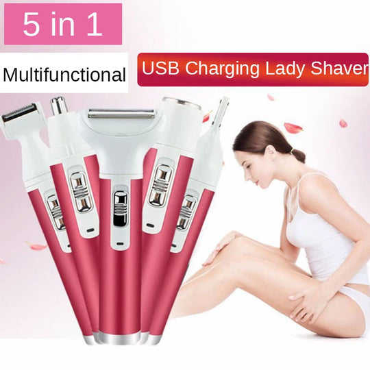 Women's Electric Epilator - 5-in-1 Lady Shaver, Nose Trimmer, Eyebrow Shaper, Leg, Armpit & Bikini Hair Removal