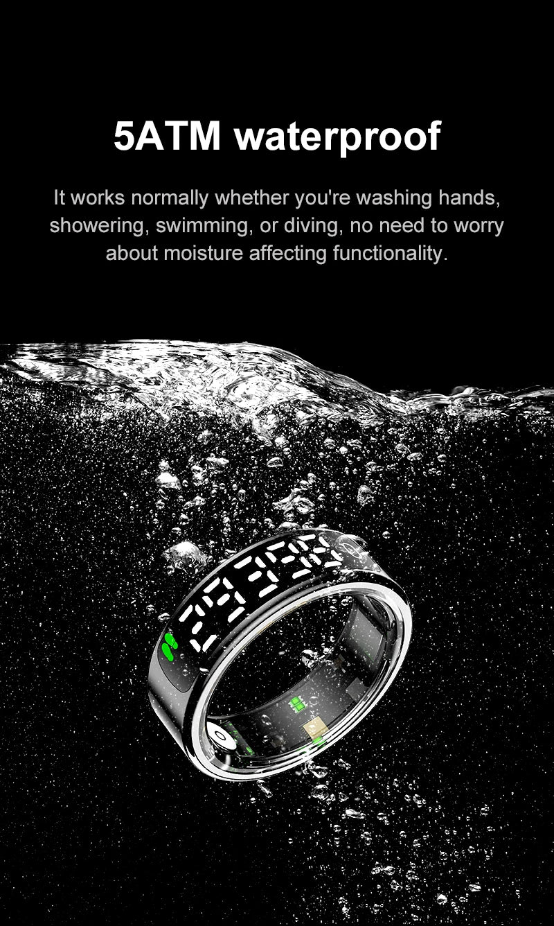 Smart Ring - LED Display Heart Rate Blood Oxygen Monitor Waterproof