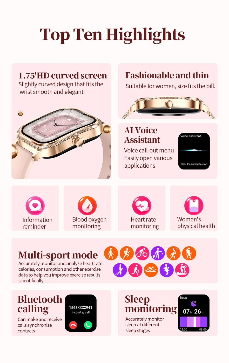 Luxury Smart Watch for Women - 1.75" HD Bluetooth Call Heart Rate Fitness Tracker