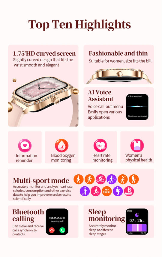 Luxury Smart Watch for Women - 1.75" HD Bluetooth Call Heart Rate Fitness Tracker
