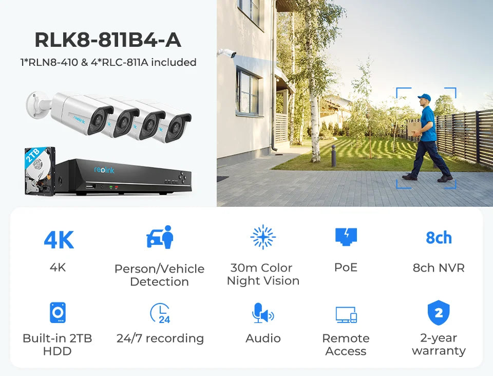Outdoor Security Camera System - 4K 8CH PoE NVR with 8MP IP Cameras & Night Vision