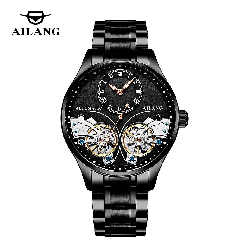 AILANG Brand New Fashion Double Tourbillon Watch for Men Luxury Stainless Steel Waterproof Automatic Mechanical Watches Mens