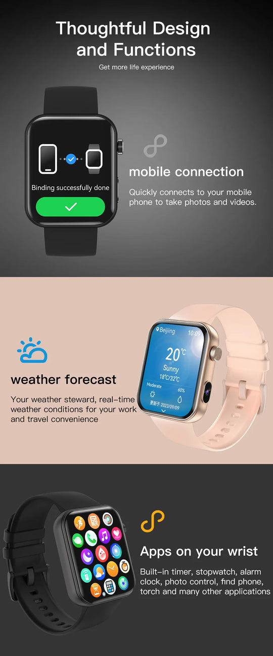 Smart Watch with Camera - Photo Video Heart Rate Bluetooth Call Waterproof