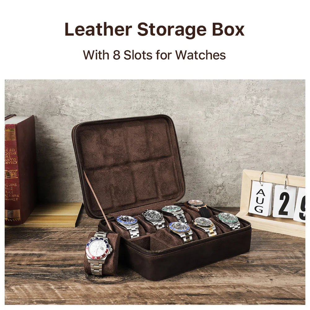 Leather Watch Organizer Box - 8/10/12 Slots Vintage Jewelry Storage Case - for Men & Women