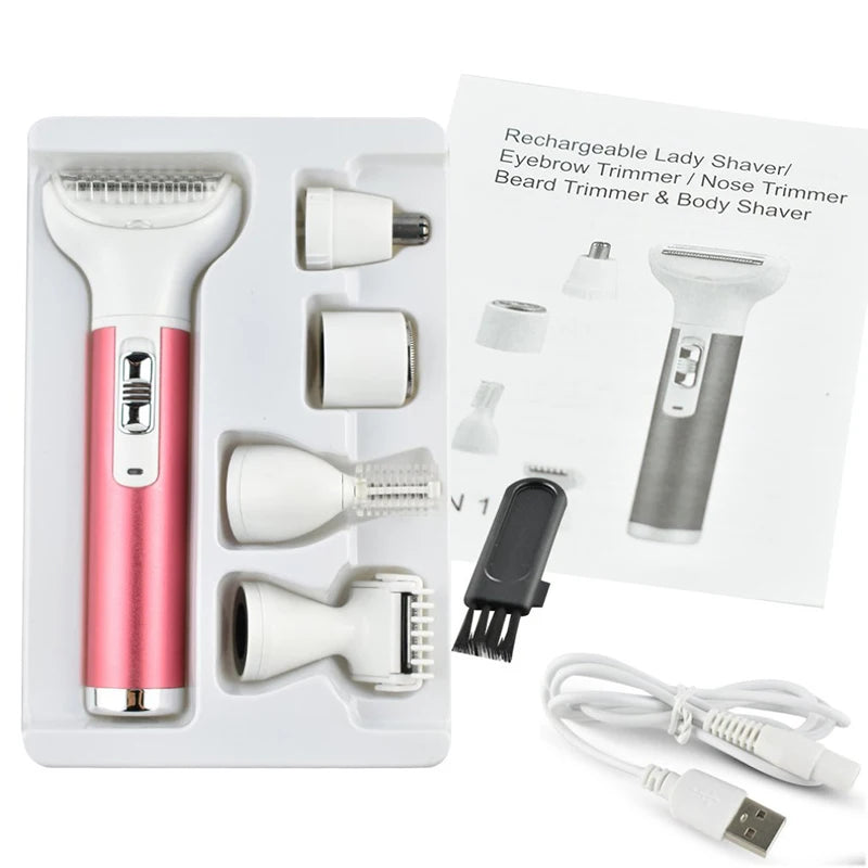 Women's Electric Epilator - 5-in-1 Lady Shaver, Nose Trimmer, Eyebrow Shaper, Leg, Armpit & Bikini Hair Removal
