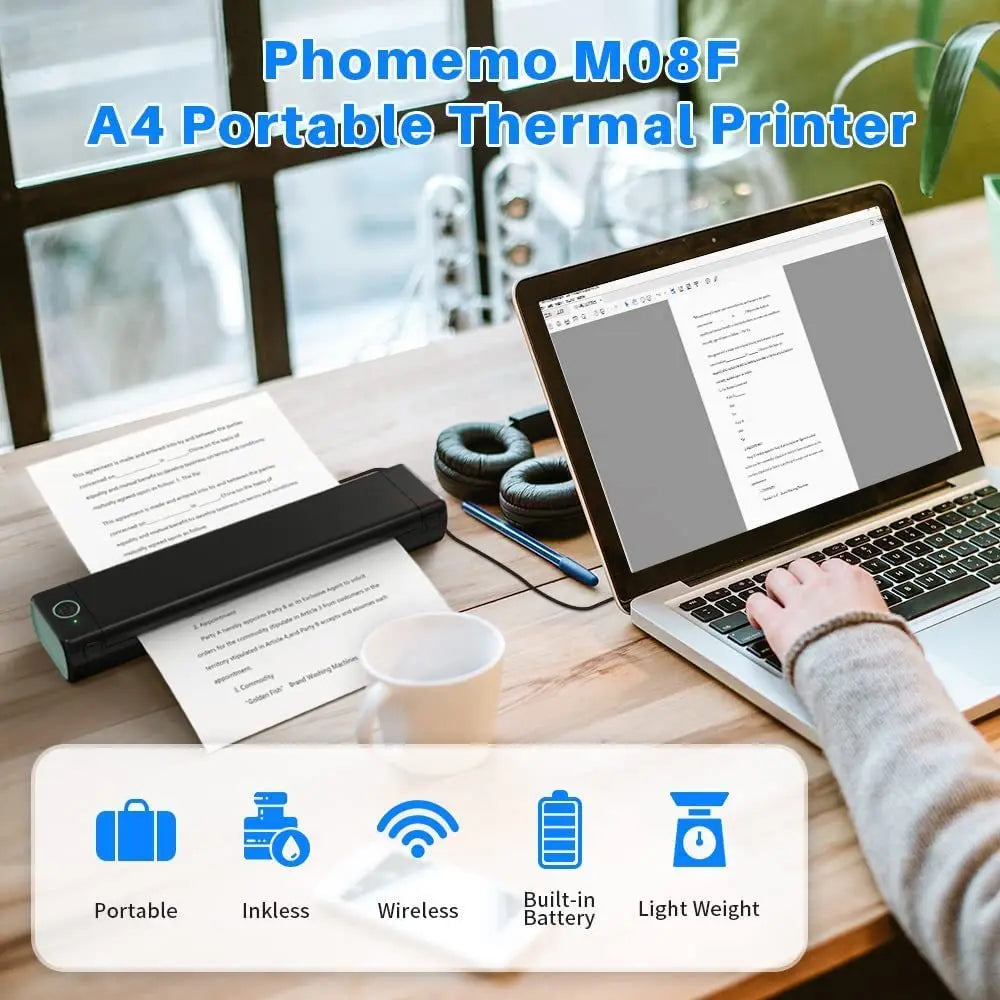 Portable Thermal Printer - Wireless A4 Bluetooth for Android, iOS & Laptop
