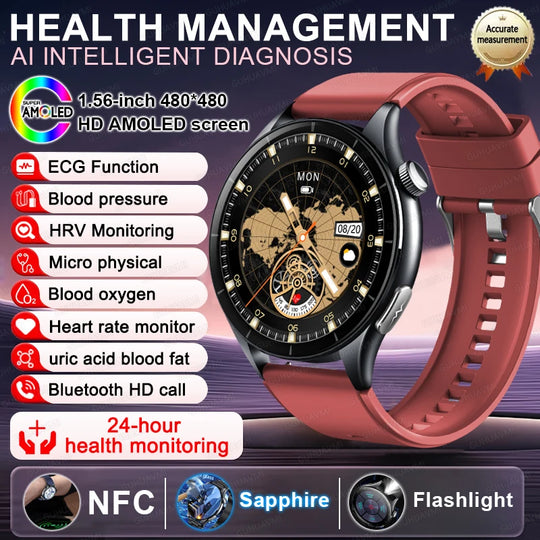 Smart Watch with ECG Health Monitoring - Uric Acid Blood Pressure Blood Oxygen for iOS & Android