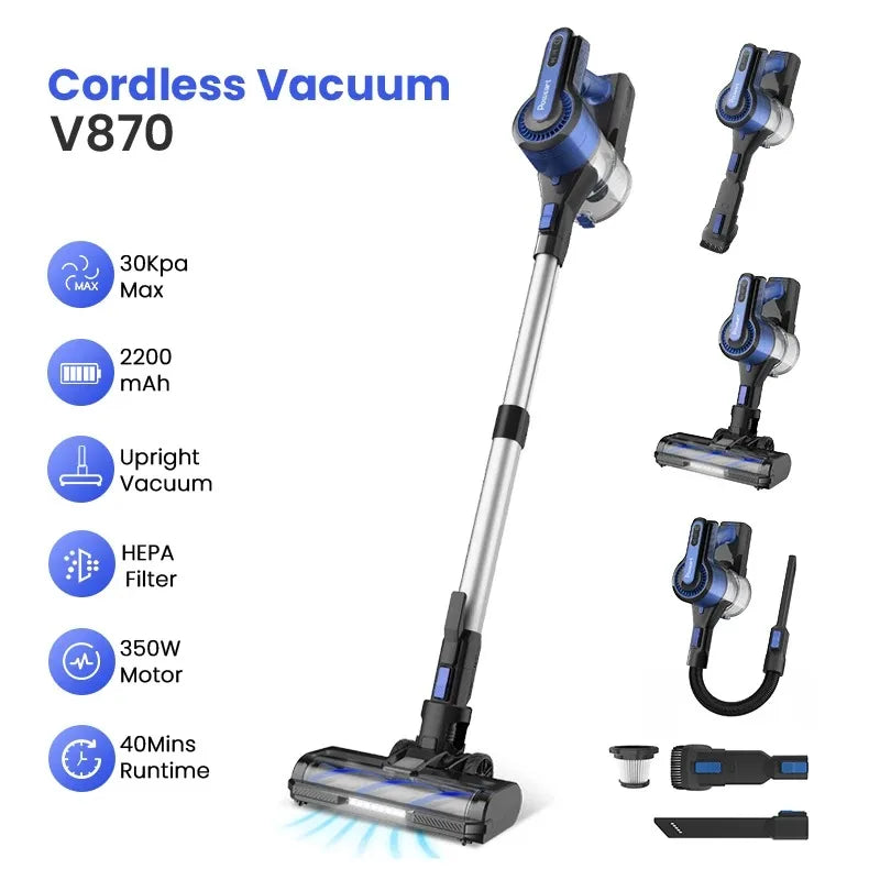 Cordless Vacuum Cleaner - 30KPa 8-in-1 Stick for Hardwood Floors, Pet Hair & Car - Plug Type