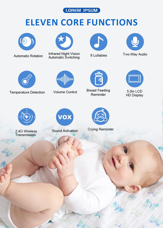 5 Inch Video Baby Monitor Indoor Mini Kids Surveillance cameras Security Protection Two-way Audio Baby Camera Temperture Display