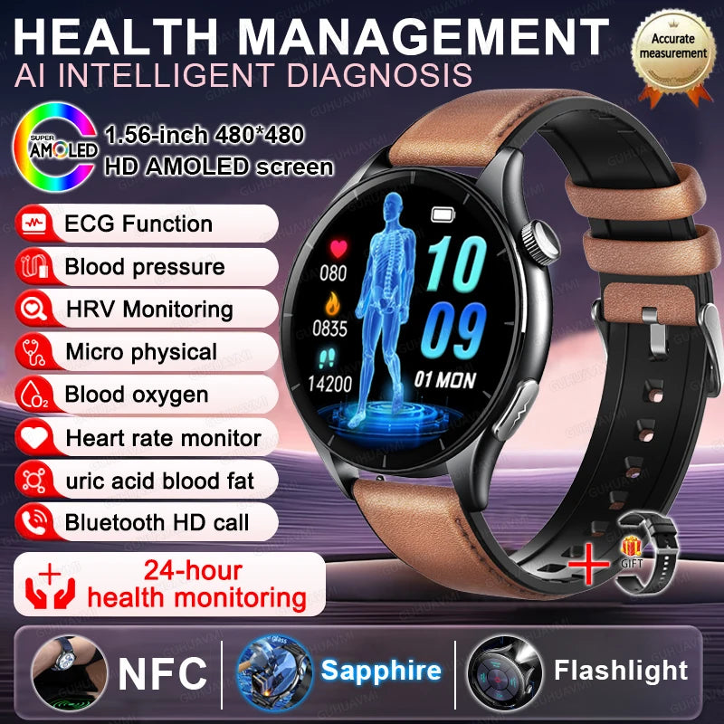 Smart Watch with ECG Health Monitoring - Uric Acid Blood Pressure Blood Oxygen for iOS & Android
