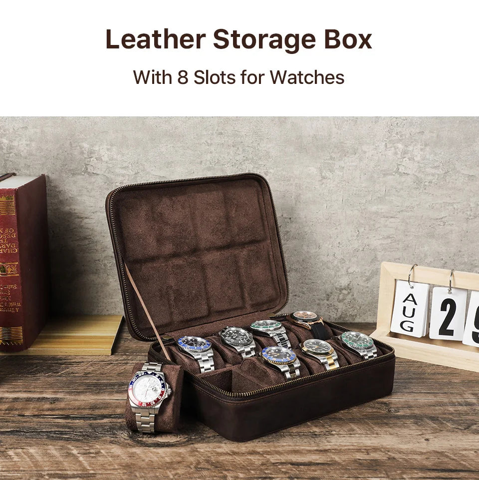 Leather Watch Organizer Box - 8/10/12 Slots Vintage Jewelry Storage Case - for Men & Women